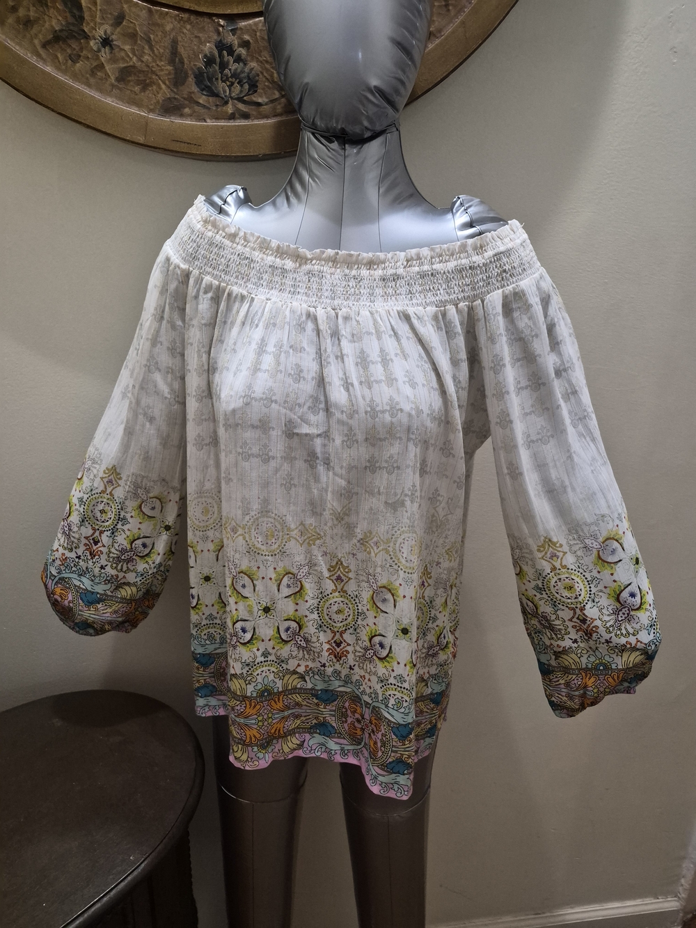 Desigual White Off-Shoulder Floral Border Blouse with Multicolor Trim